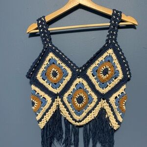 Boho Crochet Crop Top - Navy, Cream, and Brown